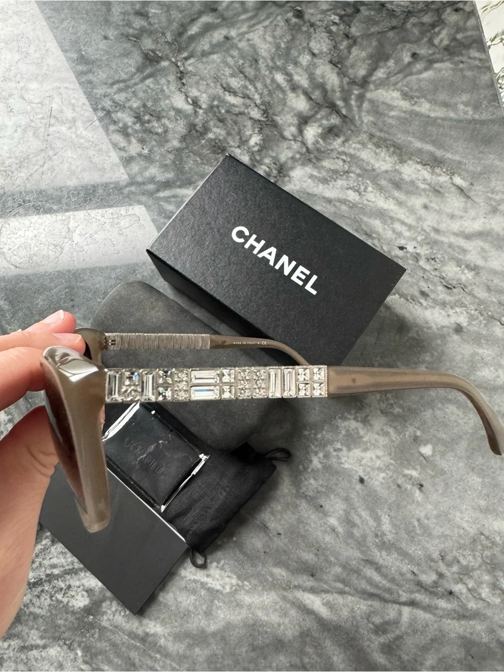 CHANEL Taupe Acetate Sunglasses with Crystal-Studded Temples
